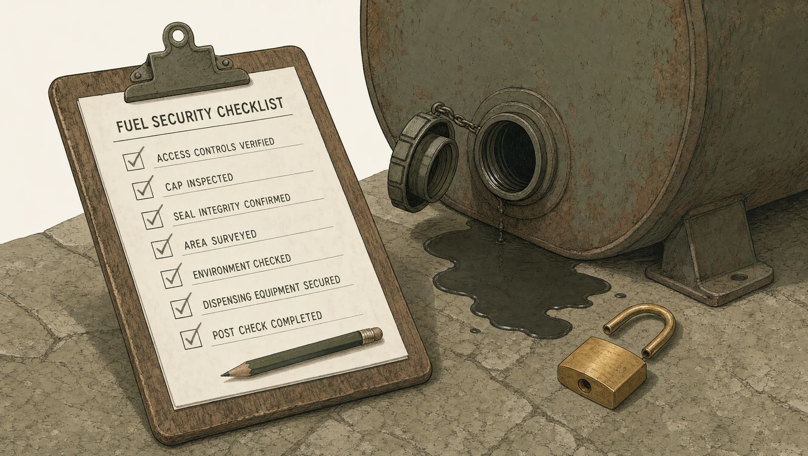 A completed checklist on a clipboard rests beside an unsecured fuel cap with liquid pooling beneath it, and an open brass-gold padlock sitting unused nearby, illustrating the gap between documentation and actual control.