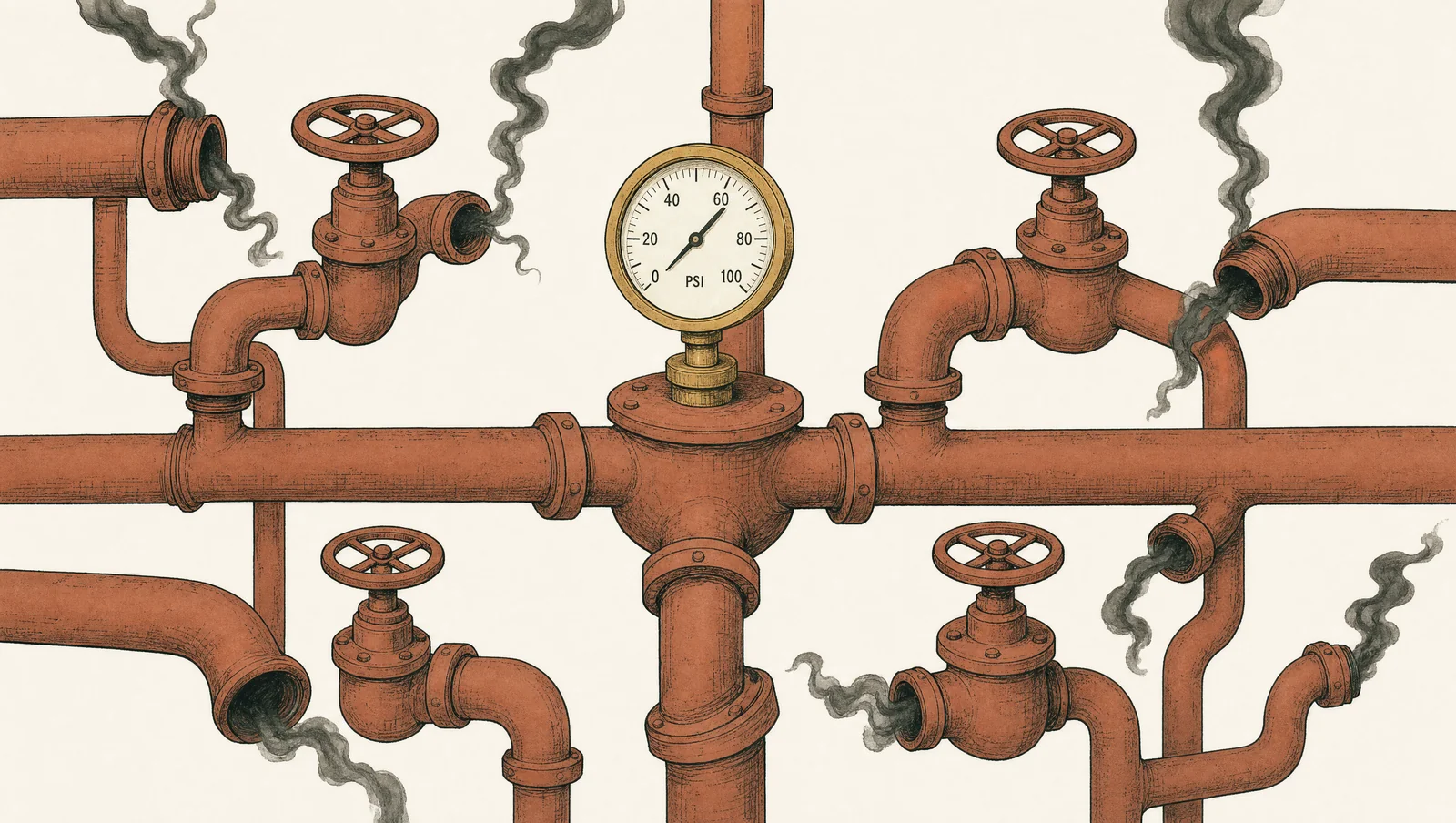 A network of terracotta pipes meeting at a junction where only one valve has a brass-gold pressure gauge attached, while all others are ungauged and leaking faint vapor, representing the gap between monitored and unmonitored AI system integrations.