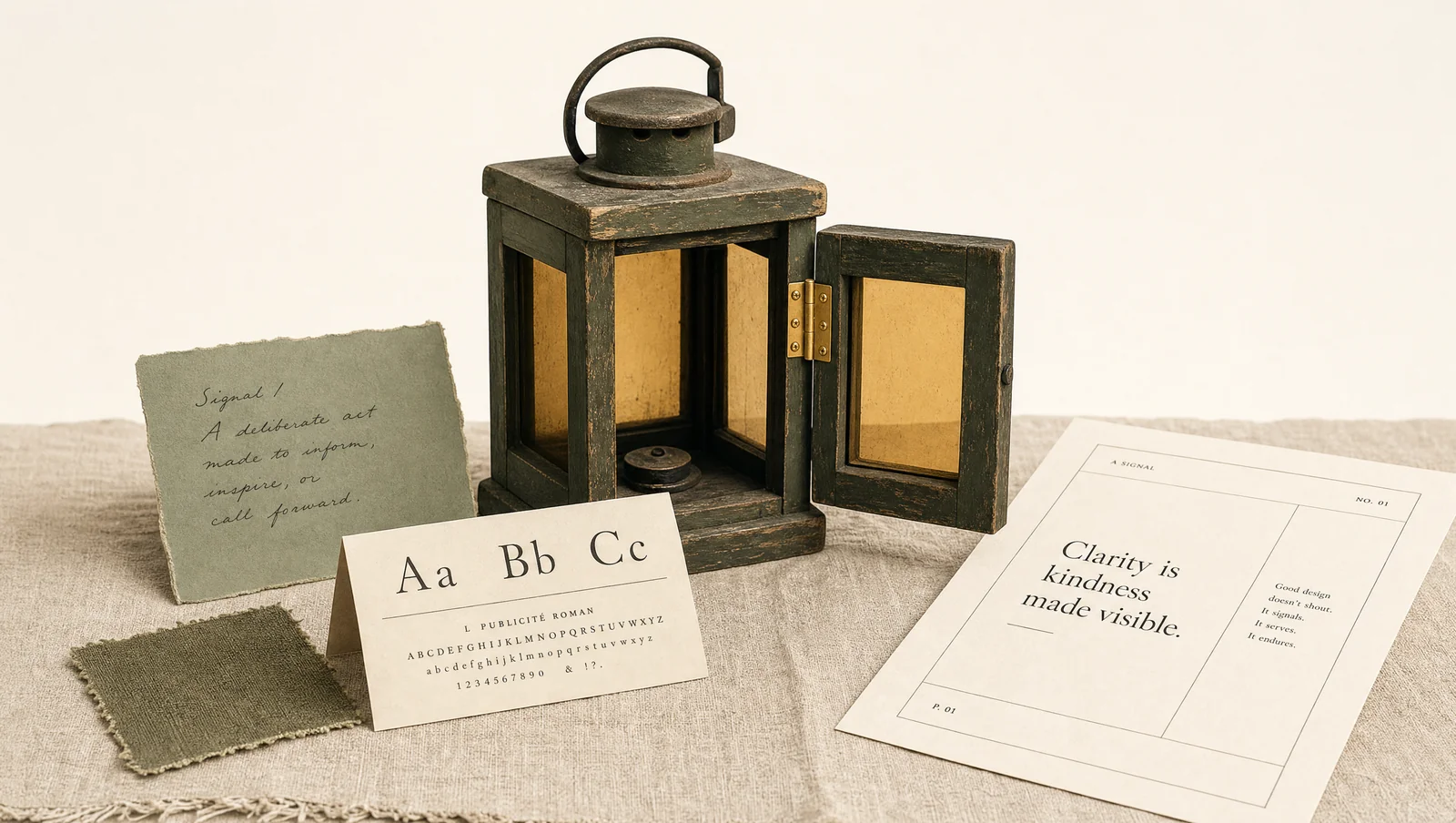 Warm-toned fabric swatches and paper textures spread on linen, with a single brass-gold pin pressed into the center of the arrangement.