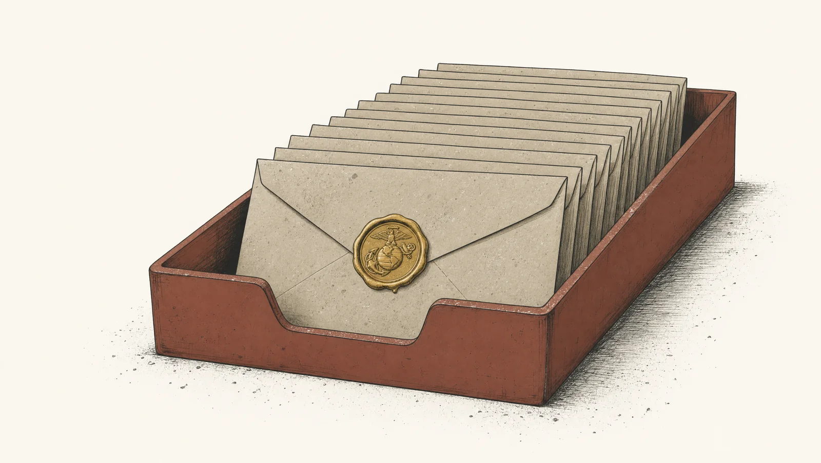 A dusty stack of sealed manila envelopes in a terracotta tray, one closed with a brass-gold wax seal, suggesting documents collected but never acted upon.