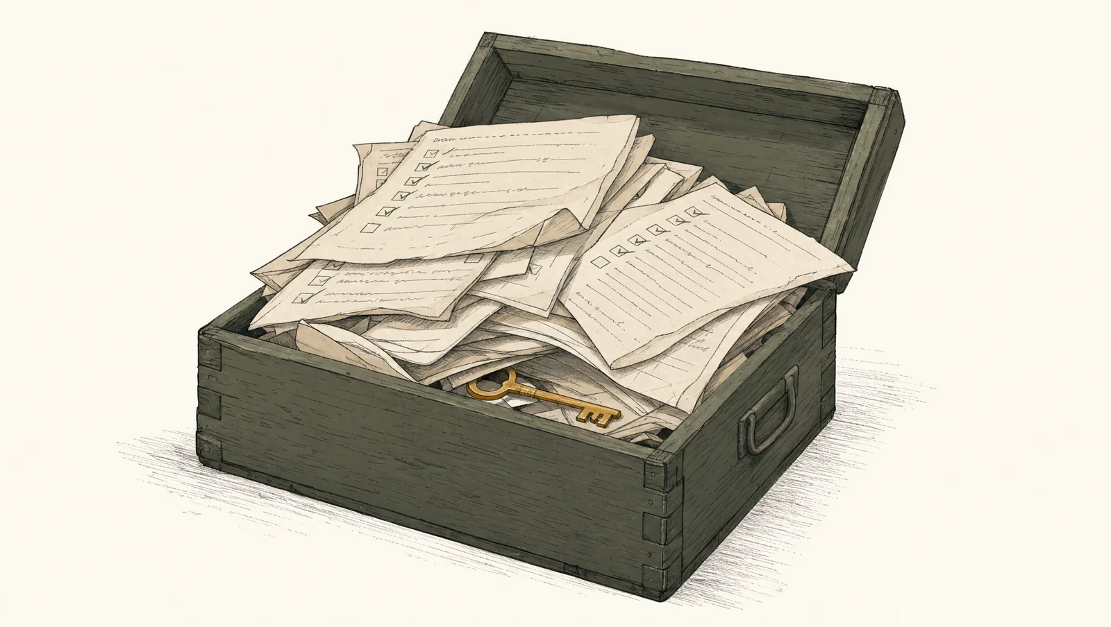 A wooden crate overflowing with checked questionnaire forms obscuring a small brass-gold key beneath, suggesting compliance paperwork that conceals rather than reveals real risk.