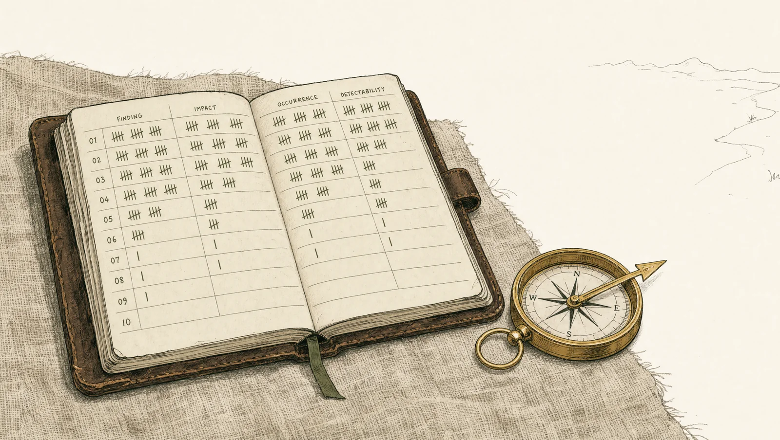 An open ledger with diminishing tally marks ending in a blank final row, beside a brass-gold compass pointing toward unmapped space beyond the page.