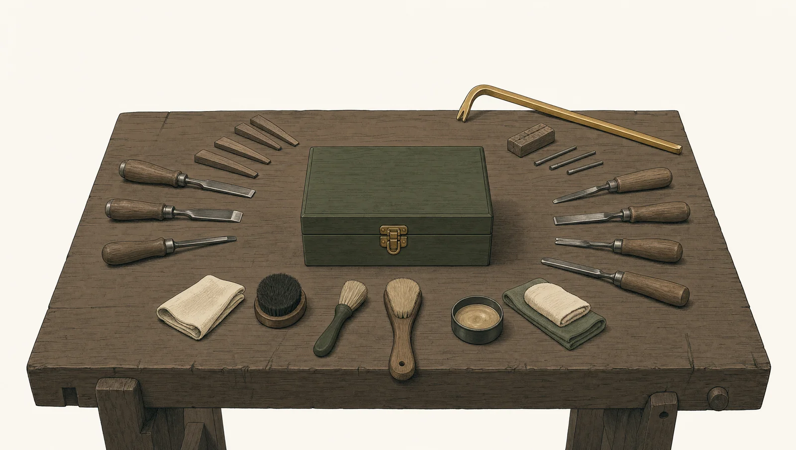 A latched wooden box on a workbench surrounded by graduated rings of tools, from soft brushes nearby to a brass-gold pry bar at the outer edge aimed at the box.