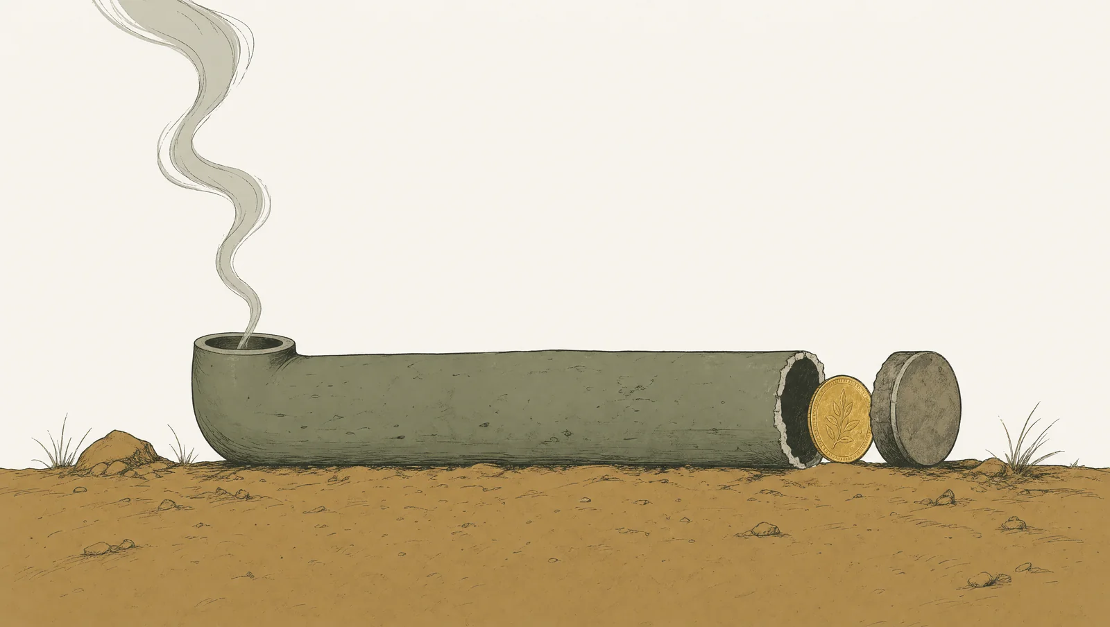 A broken clay pipe releasing smoke into empty air, with a brass-gold coin at the point of severance, set against ochre soil.