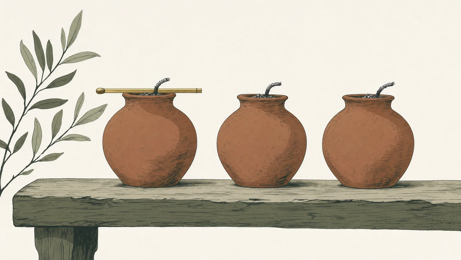 Three terracotta vessels with burned fuses on a wooden shelf, a single brass-gold matchstick resting across the first vessel's opening.